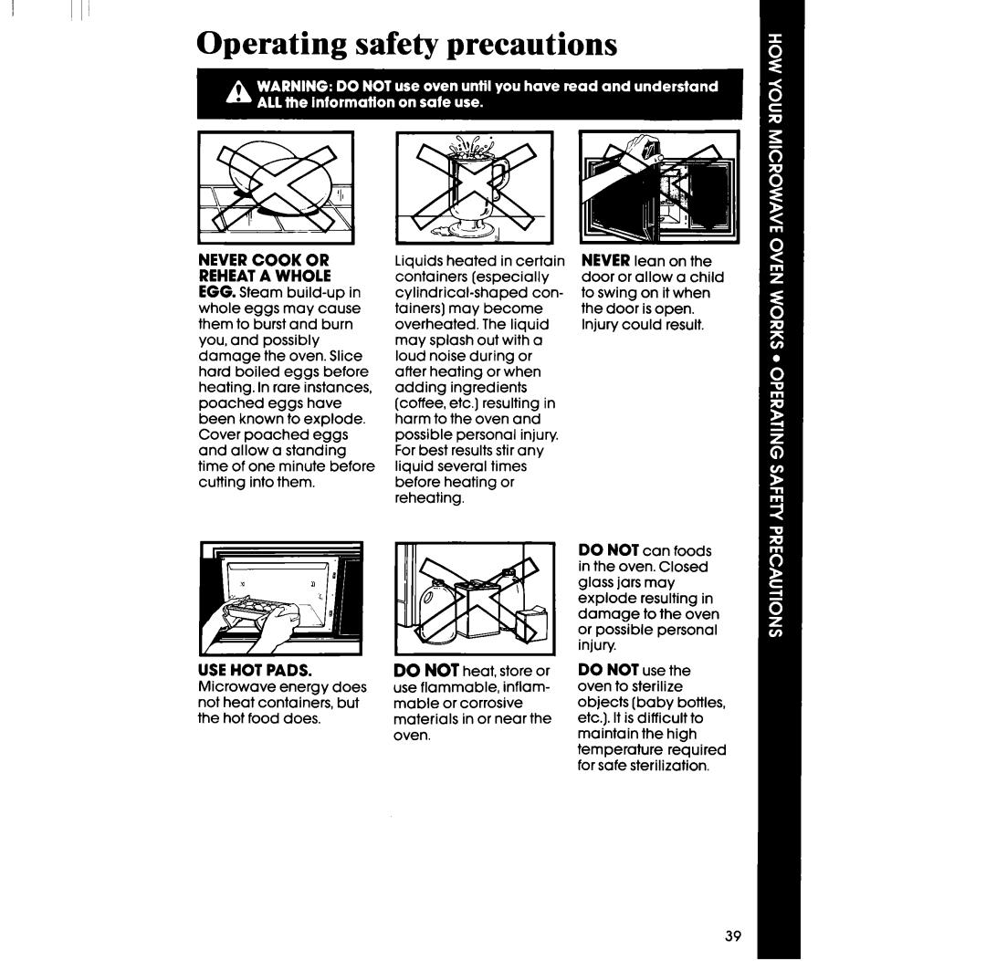 Whirlpool RM288PXV, RM988PXV manual Operating safety precautions, Usehot Pads 