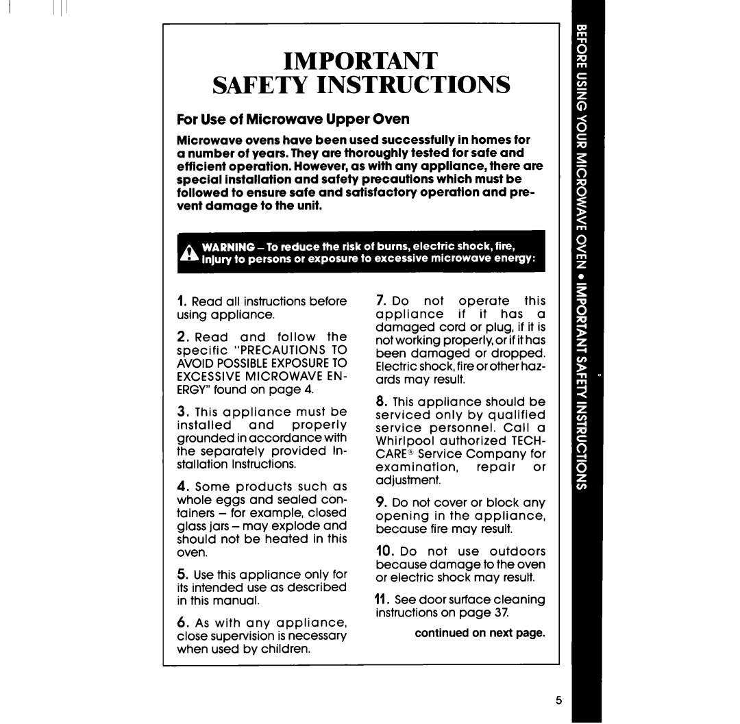 Whirlpool RM288PXV, RM988PXV manual Safety Instructions, For Use of Microwave Upper Oven 