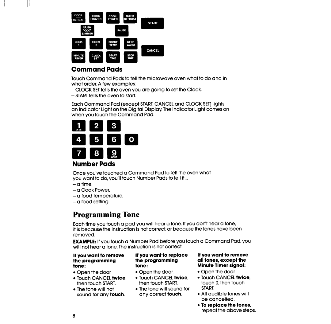 Whirlpool RM988PXV, RM288PXV manual Programming Tone, Command Pads, Number Pads 