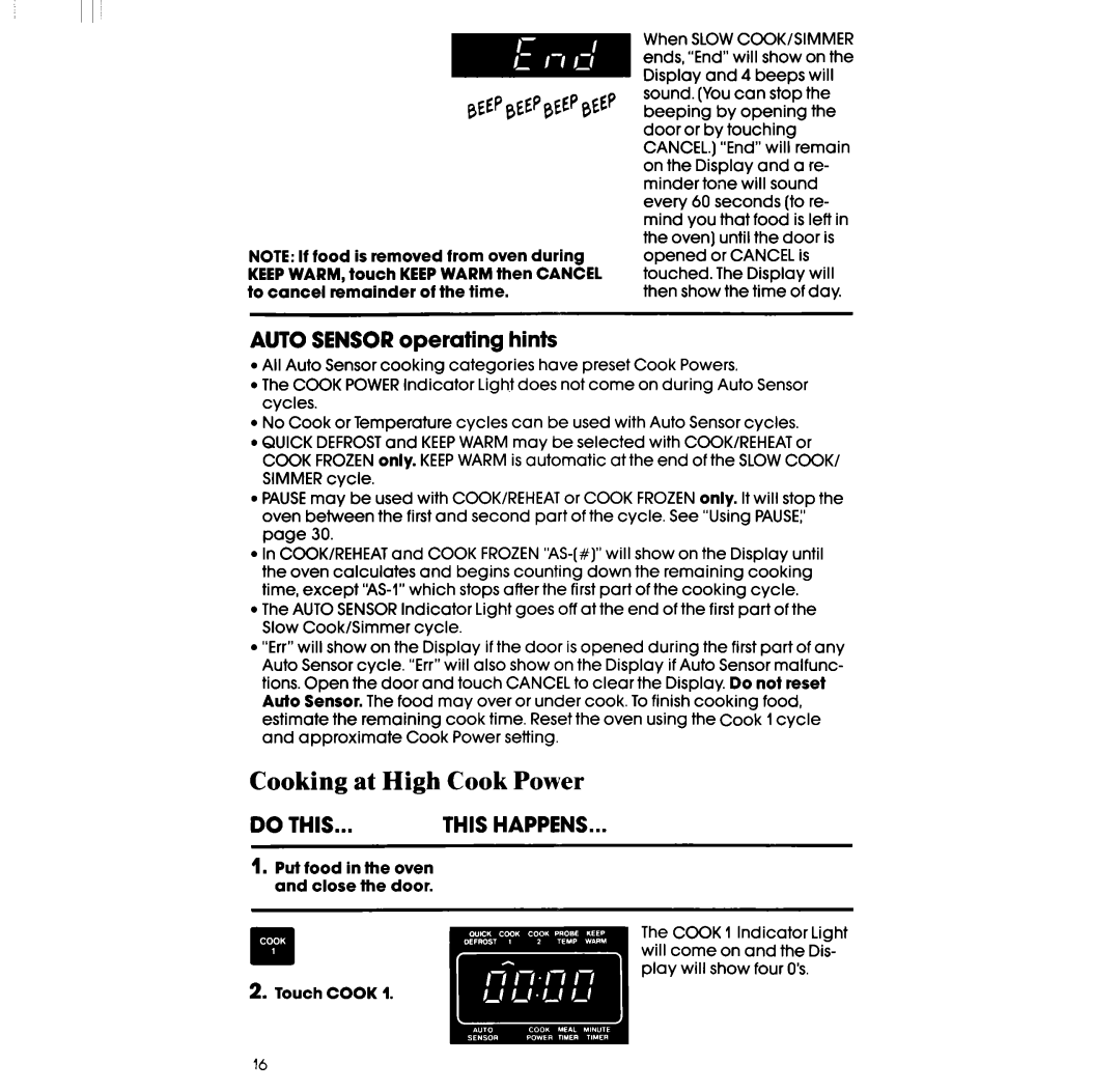 Whirlpool RM996PXV manual Cooking at High Cook Power, Auto SENSORoperating hints 