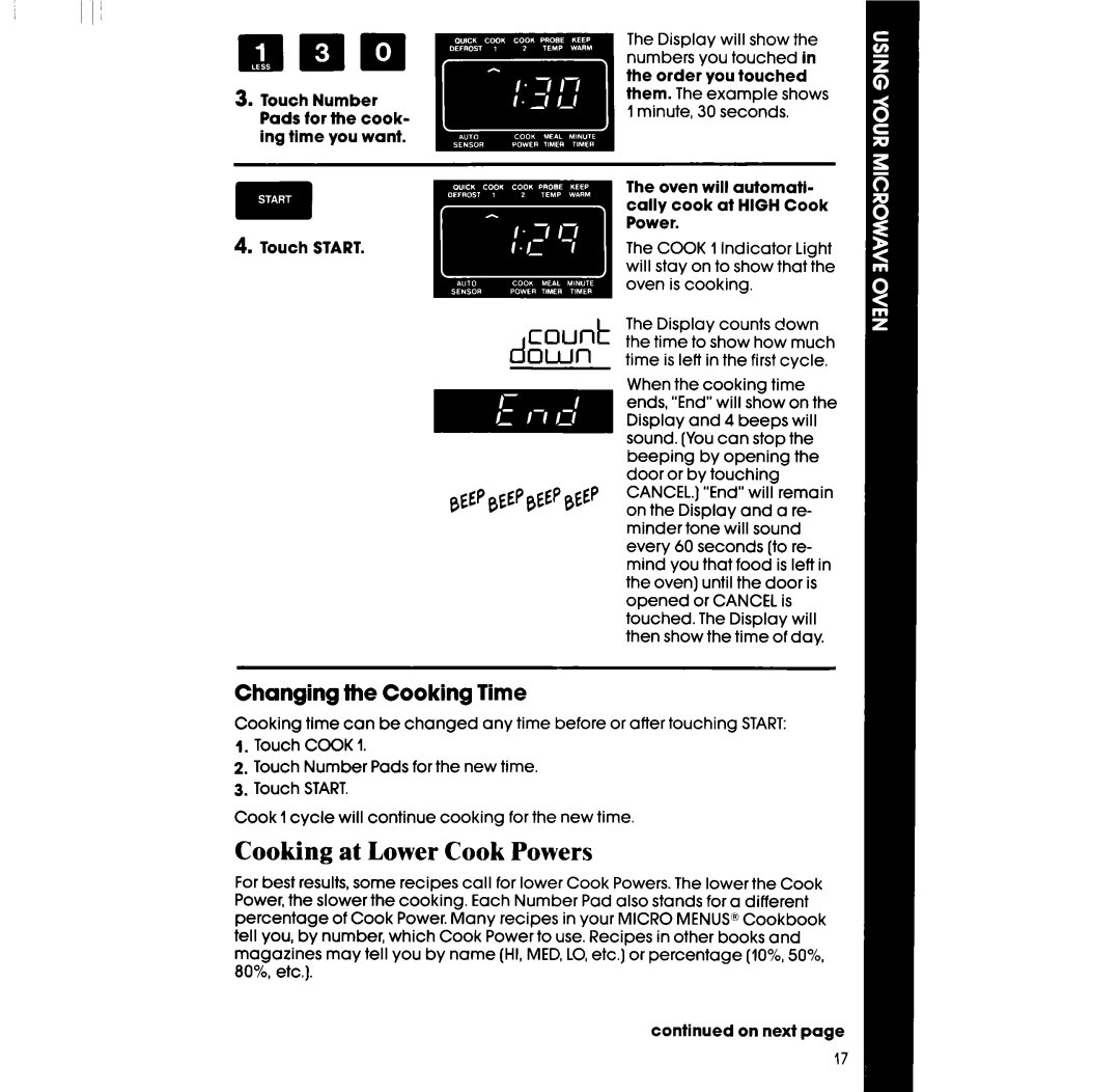 Whirlpool RM996PXV manual Cooking at Lower Cook Powers, Changing the Cooking Time 