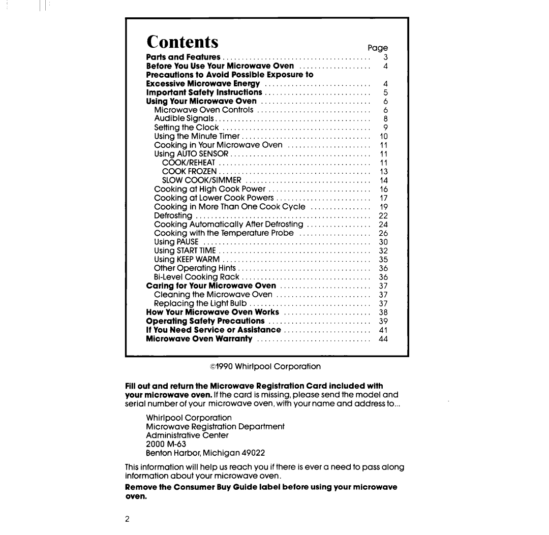 Whirlpool RM996PXV manual Contents 