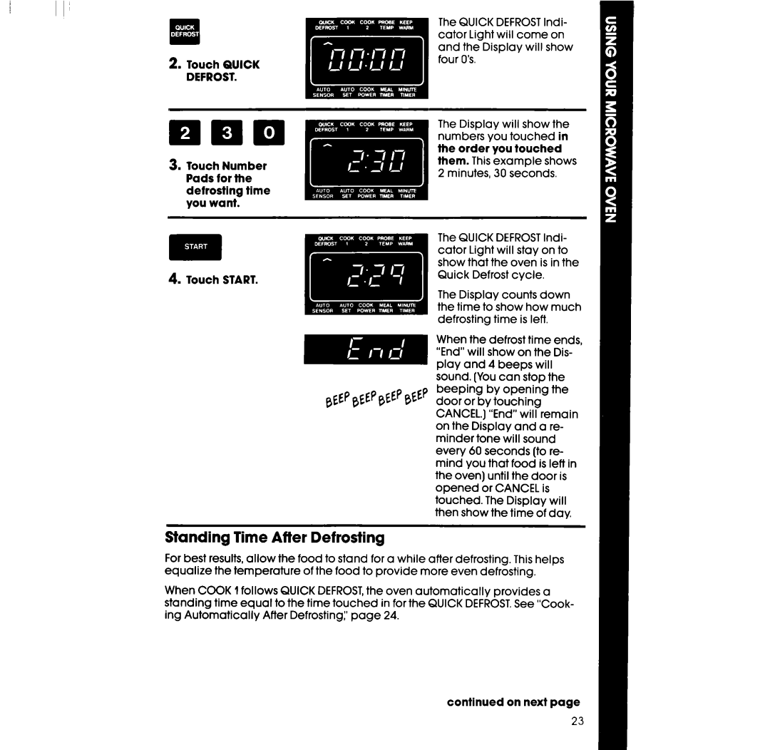 Whirlpool RM996PXV manual Standing Time After Defrosting 