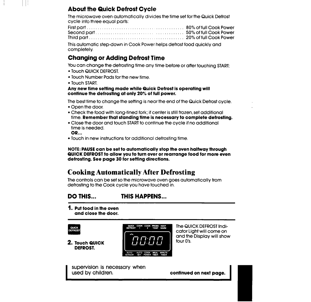 Whirlpool RM996PXV Cooking Automatically After Defrosting, About the Quick Defrost Cycle, Changing or Adding Defrost Time 