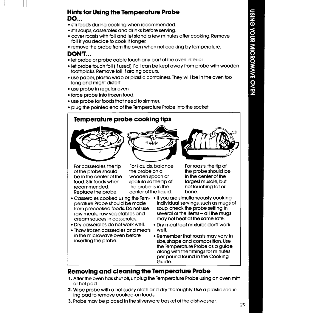 Whirlpool RM996PXV manual Hints for Using the Temperature Probe, Don’T, Temperature probe cooking tips 