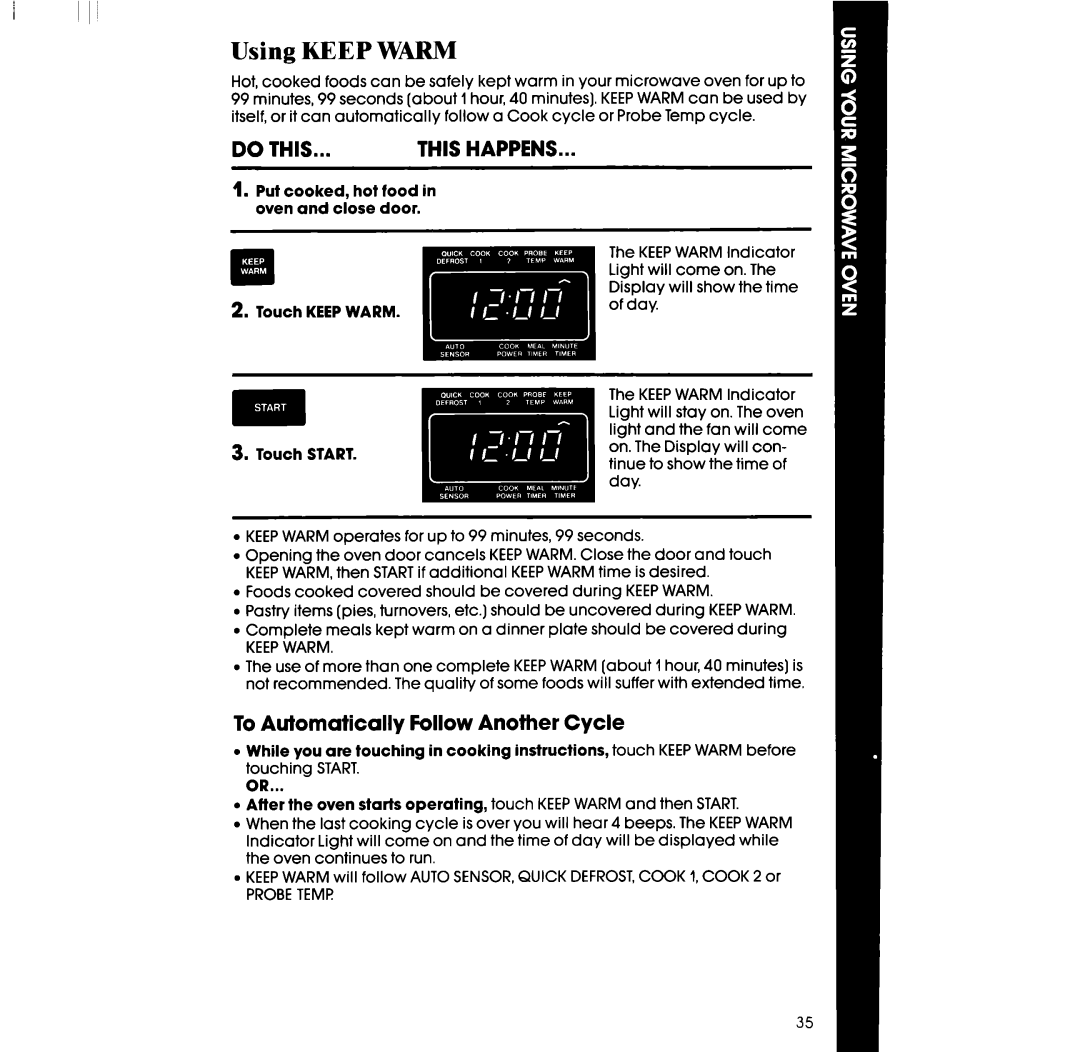 Whirlpool RM996PXV manual Using Keep Warm, To Automatically Follow Another Cycle, Keepwarm, Probe Temf 