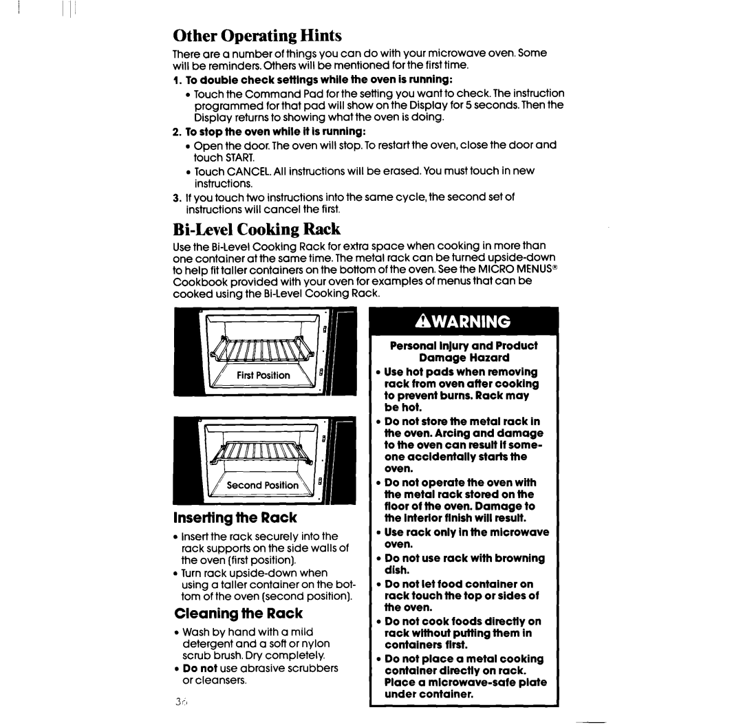 Whirlpool RM996PXV manual Other Operating Hints, Bi-Level Cooking Rack, Inserting the Rack, Cleaning the Rack 