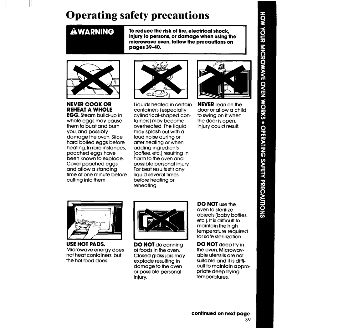 Whirlpool RM996PXV manual Operating safety precautions 