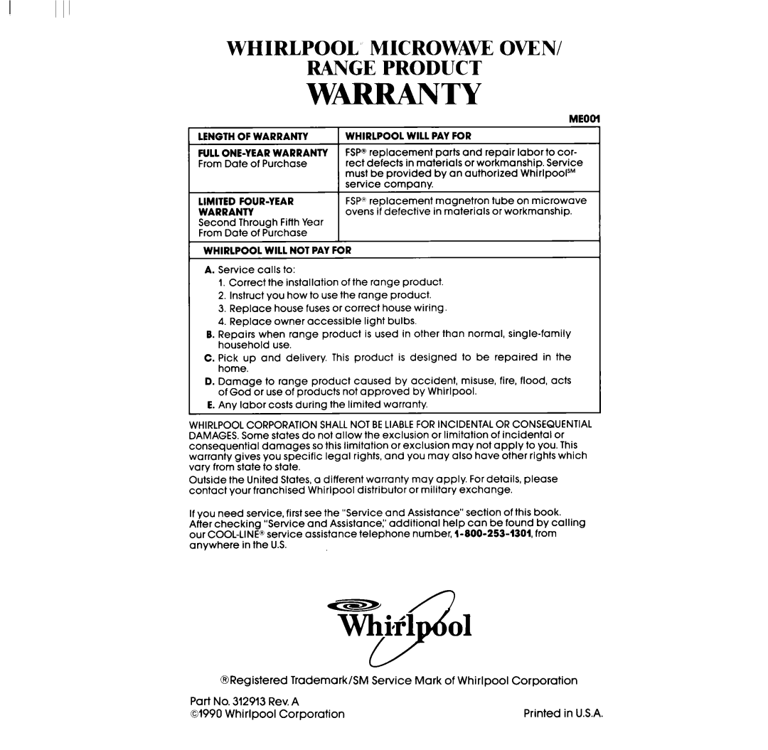 Whirlpool RM996PXV manual Whirlpool Microwave Oven Range Product 