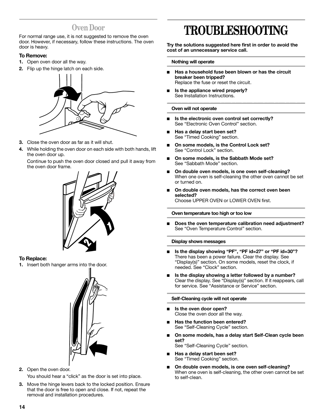 Whirlpool GMC305, RMC305, RMC275, GMC275 manual Troubleshooting, Oven Door, To Remove 