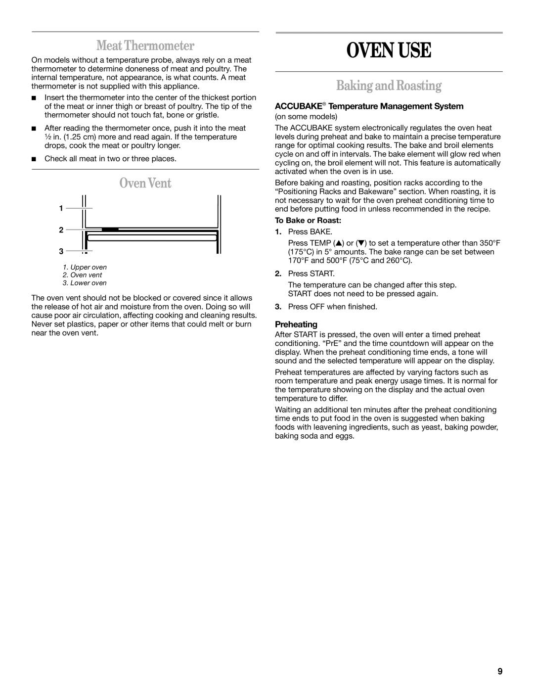 Whirlpool RMC275, RMC305, GMC305, GMC275 manual Oven USE, Meat Thermometer, Oven Vent, Baking and Roasting 