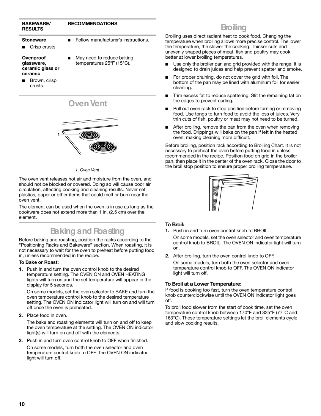 Whirlpool RME30000 Baking and Roasting, Broiling, To Broil at a Lower Temperature, BAKEWARE/ Recommendations Results 