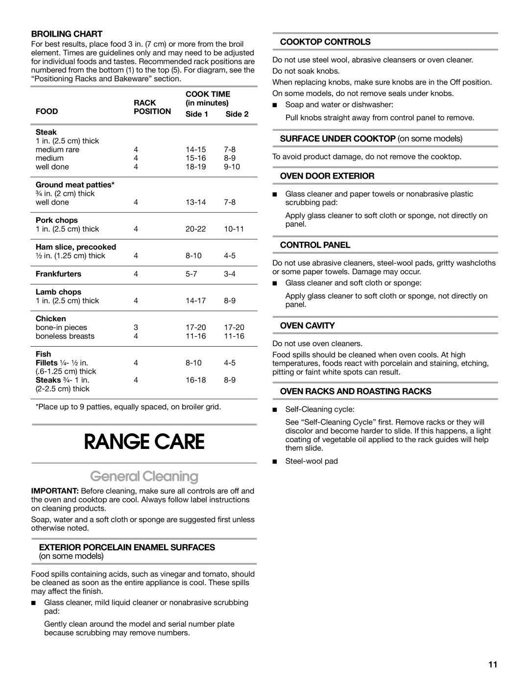 Whirlpool RME30000 manual Range Care, General Cleaning 