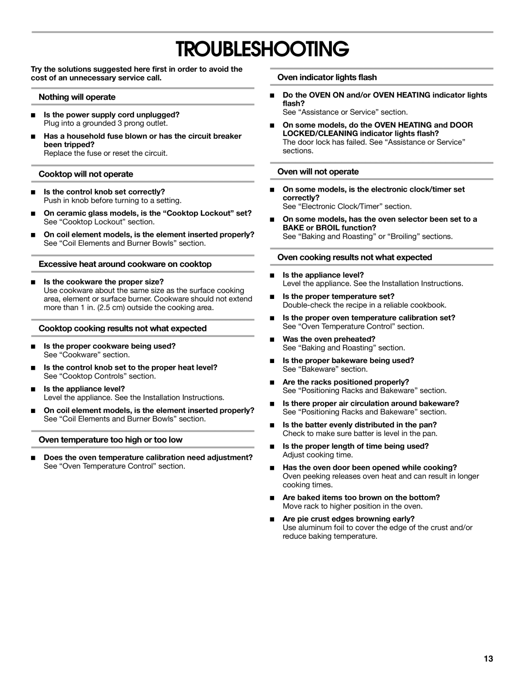 Whirlpool RME30000 manual Troubleshooting 