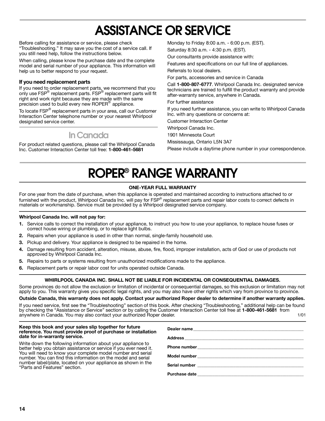 Whirlpool RME30000 manual Assistance or Service, Roper Range Warranty, Canada, If you need replacement parts 