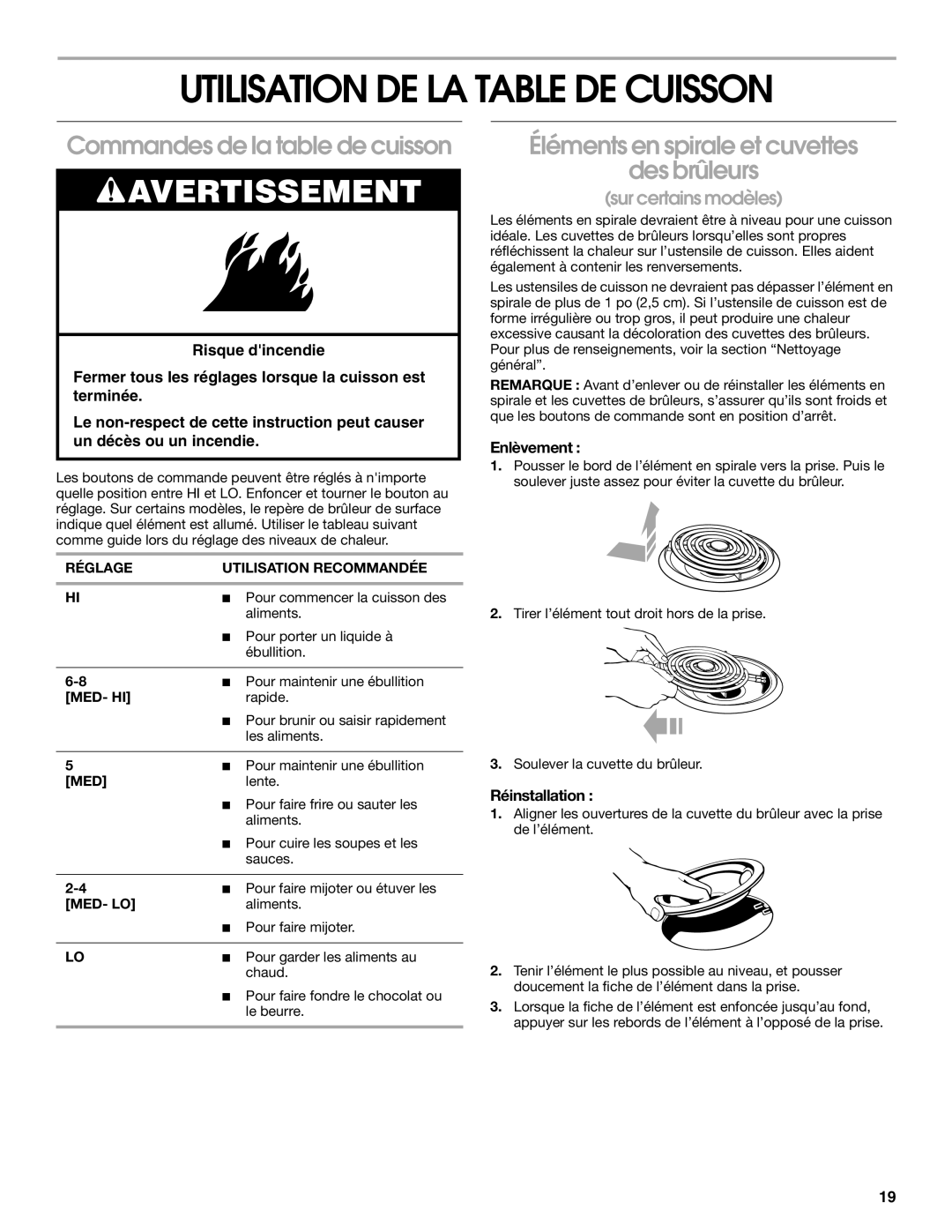 Whirlpool RME30000 manual Utilisation DE LA Table DE Cuisson, Commandes de la table de cuisson, Enlèvement, Réinstallation 