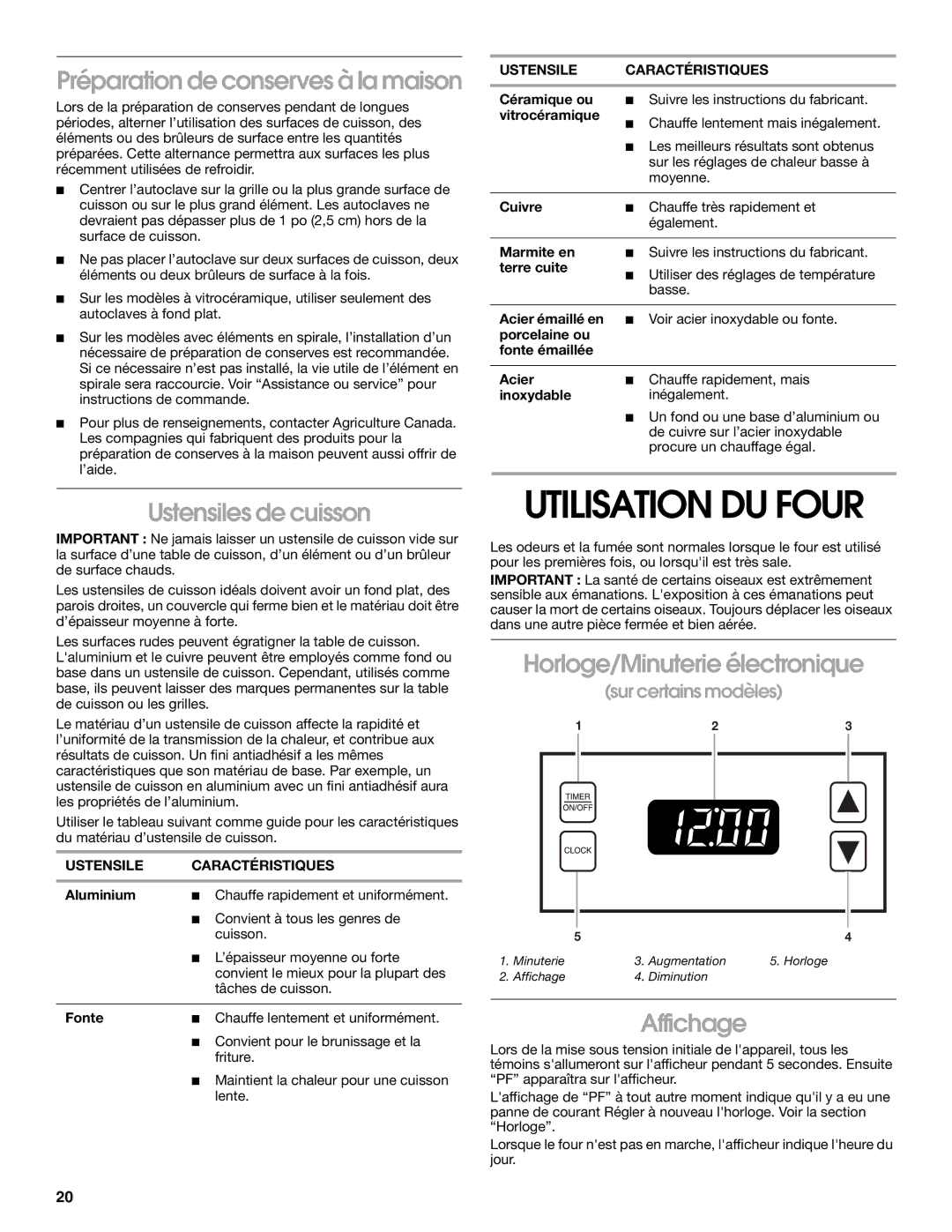 Whirlpool RME30000 manual Utilisation DU Four, Préparation de conserves à la maison, Ustensiles de cuisson, Affichage 