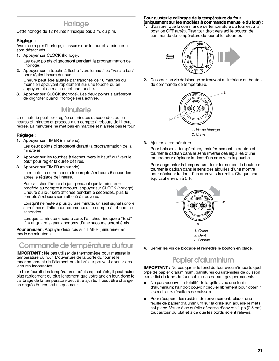 Whirlpool RME30000 manual Horloge, Minuterie, Commande de température du four, Papier d’aluminium, Réglage 