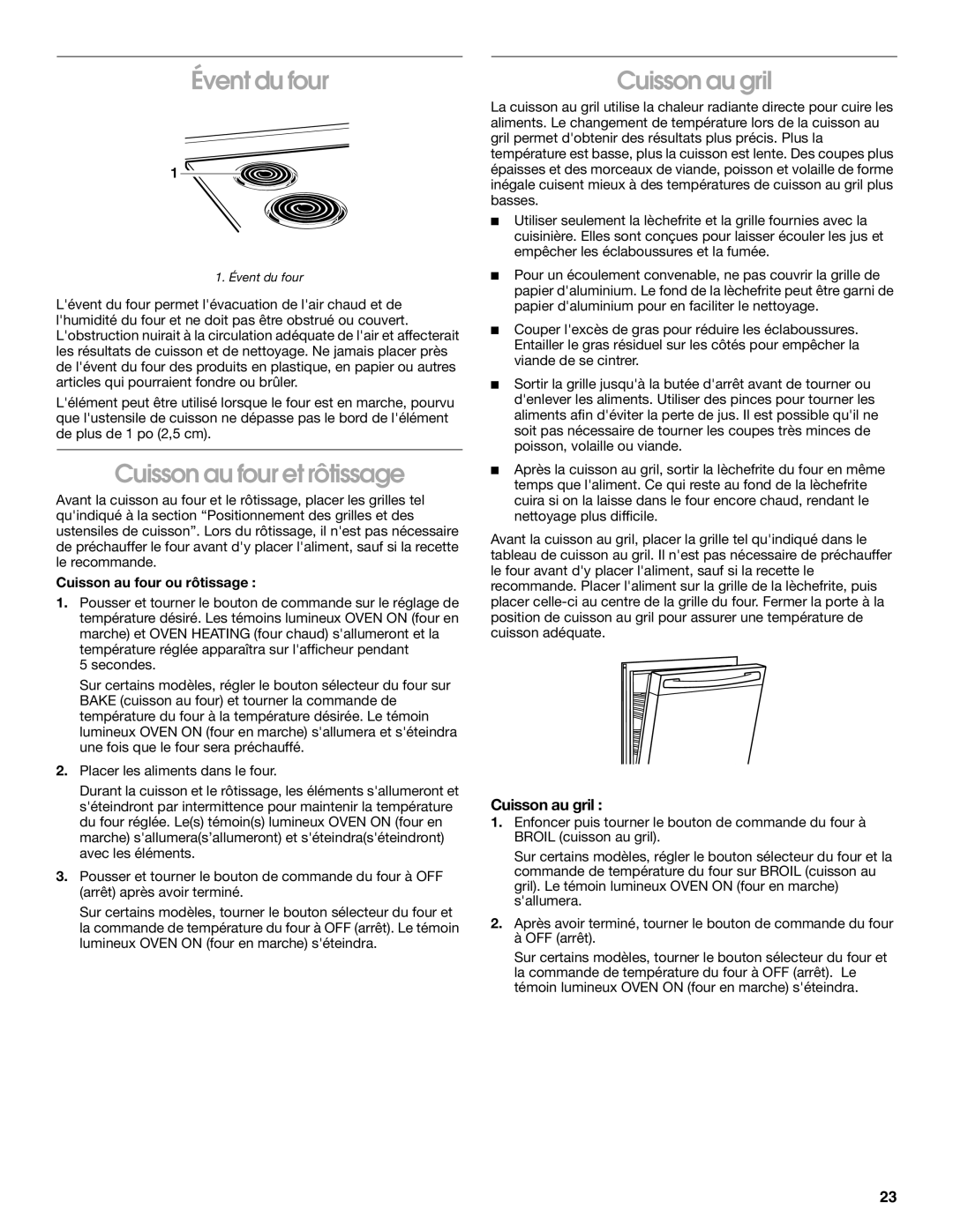 Whirlpool RME30000 manual Évent du four, Cuisson au four et rôtissage, Cuisson au gril, Cuisson au four ou rôtissage 