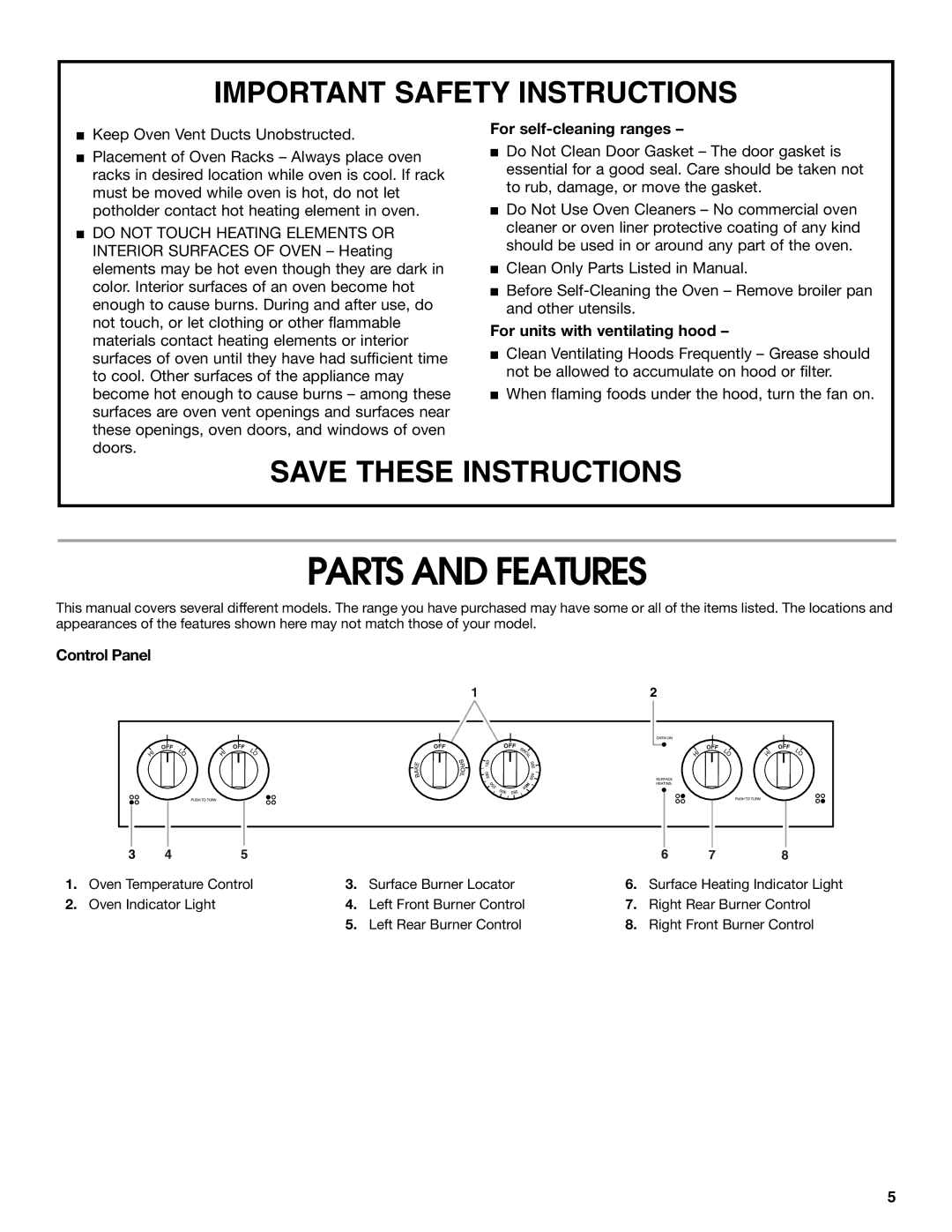 Whirlpool RME30000 manual Parts and Features, For self-cleaning ranges, For units with ventilating hood, Control Panel 