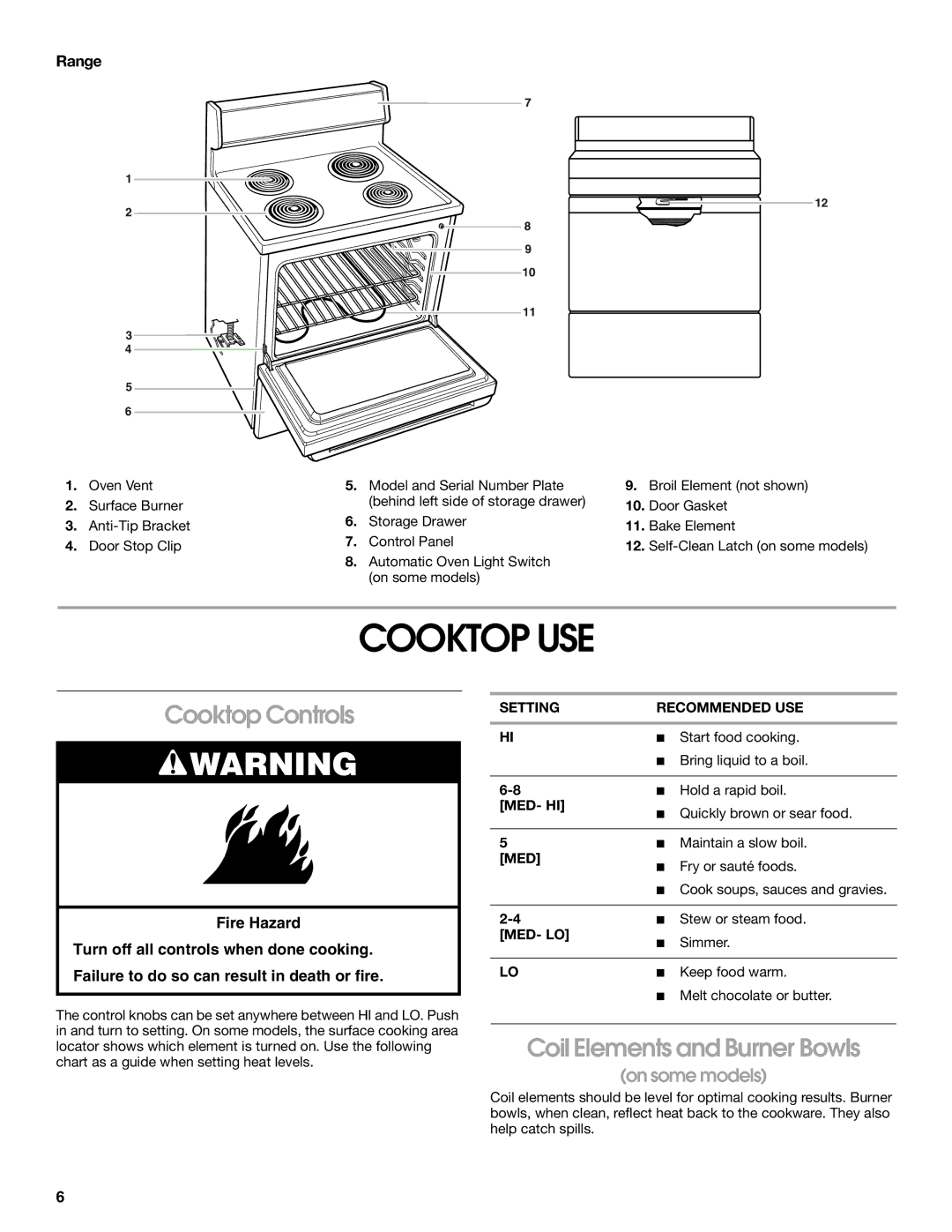 Whirlpool RME30000 manual Cooktop USE, Cooktop Controls, Coil Elements and Burner Bowls, Range 