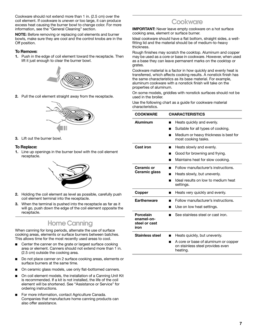 Whirlpool RME30000 manual Home Canning, To Remove, To Replace, Cookware Characteristics 