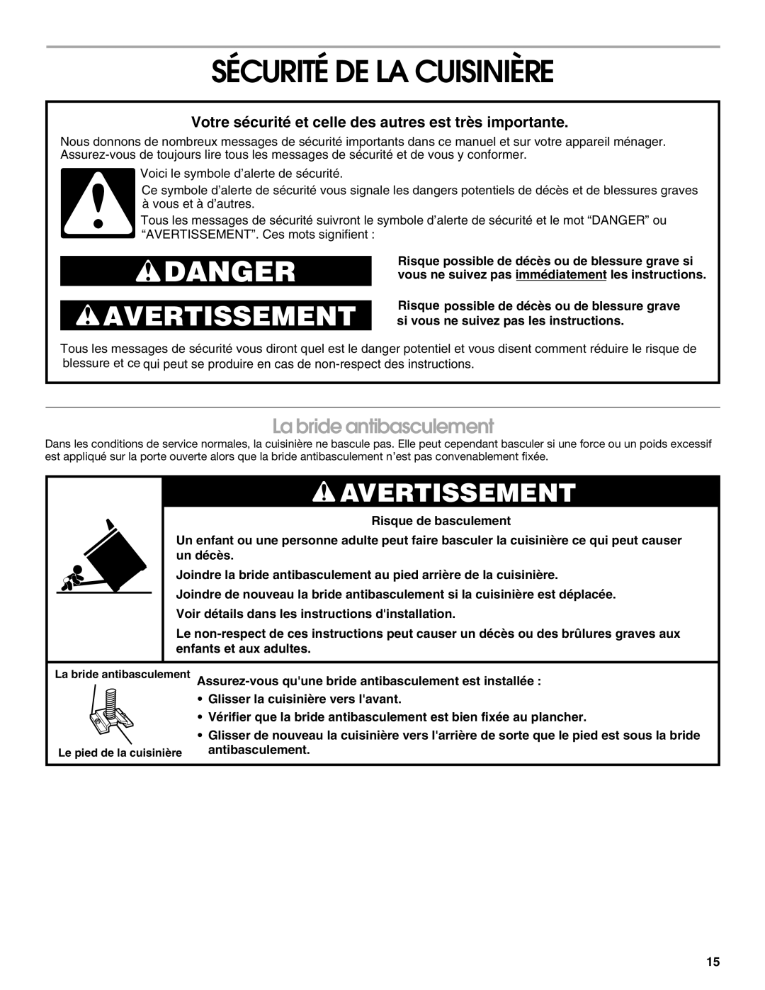 Whirlpool RME30000 manual Sécurité De La Cuisinière, Avertissement, La bride antibasculement, Danger 
