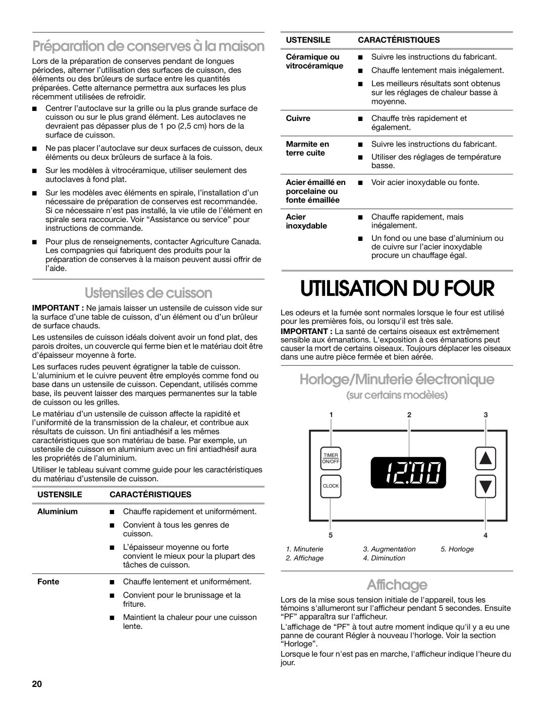 Whirlpool RME30000 manual Utilisation Du Four, Préparation de conserves à la maison, Ustensiles de cuisson, Affichage 
