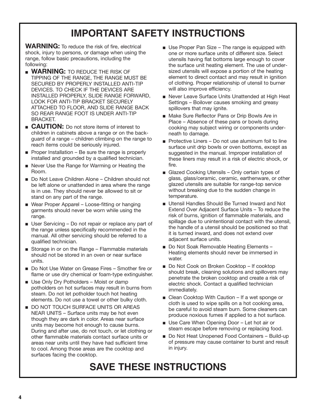 Whirlpool RME30000 manual Important Safety Instructions, Save These Instructions 
