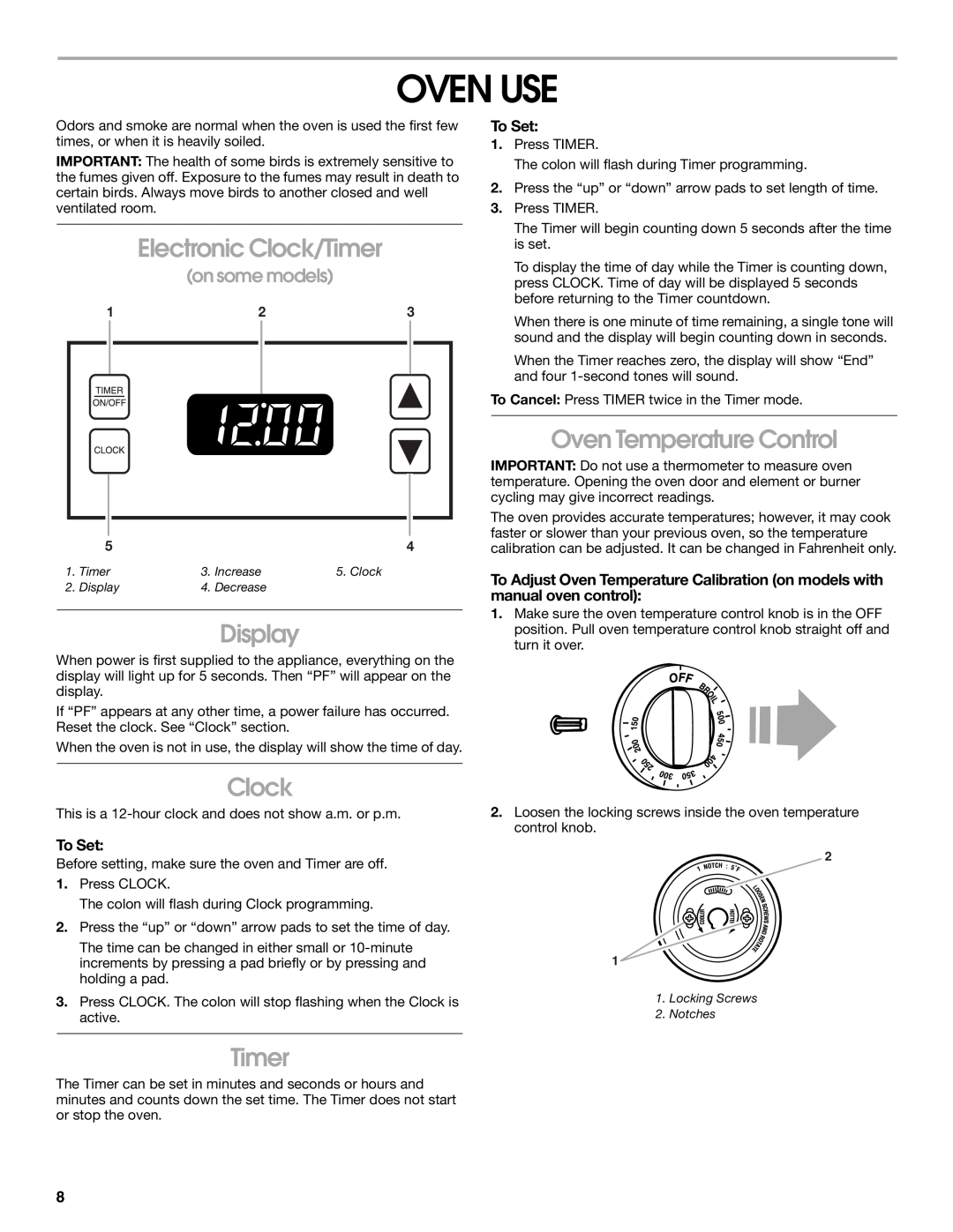 Whirlpool RME30000 manual Oven Use, Electronic Clock/Timer, Display, Oven Temperature Control, To Set, on some models 