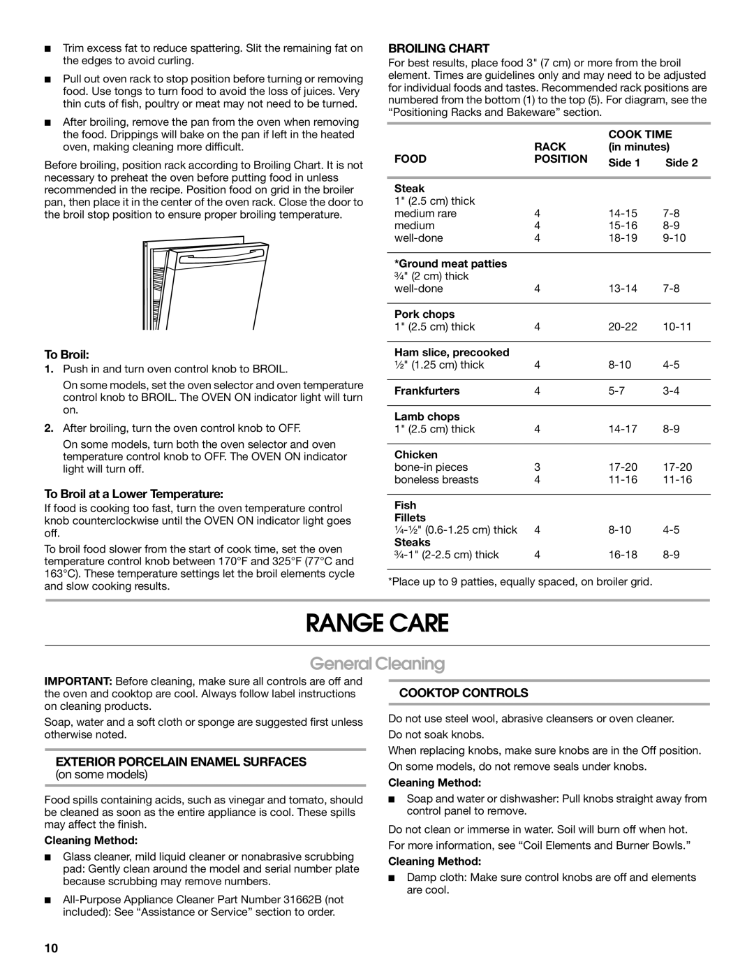 Whirlpool RME30002 Range Care, General Cleaning, Broiling Chart, Exterior Porcelain Enamel Surfaces, Cooktop Controls 