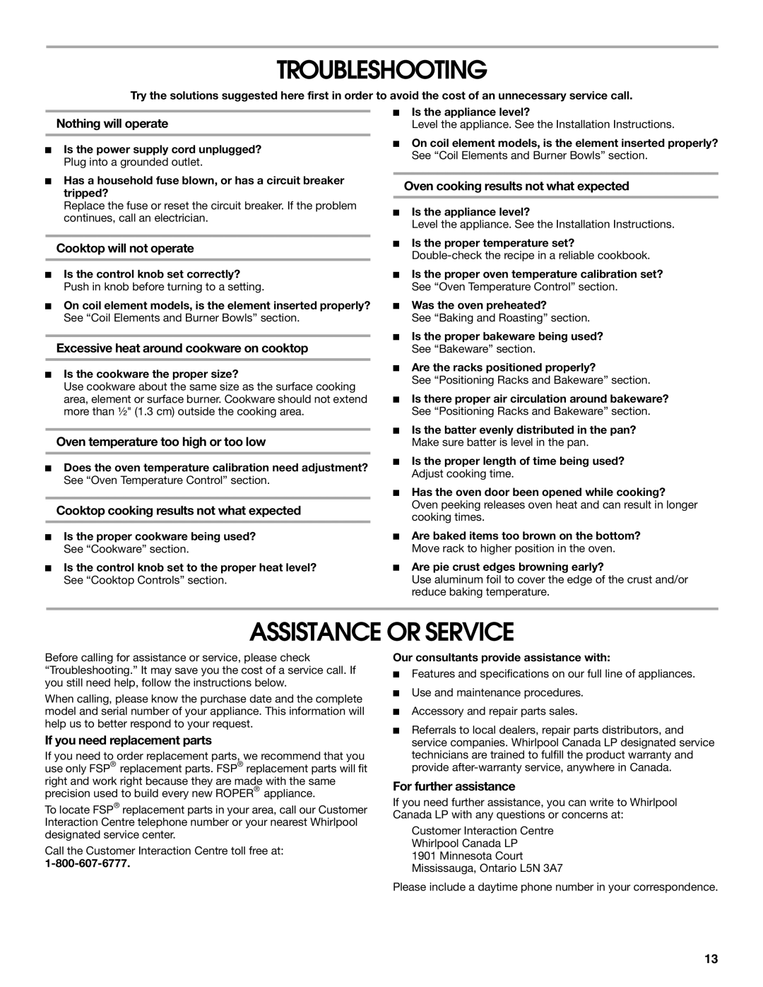 Whirlpool RME30002 manual Troubleshooting, Assistance or Service 