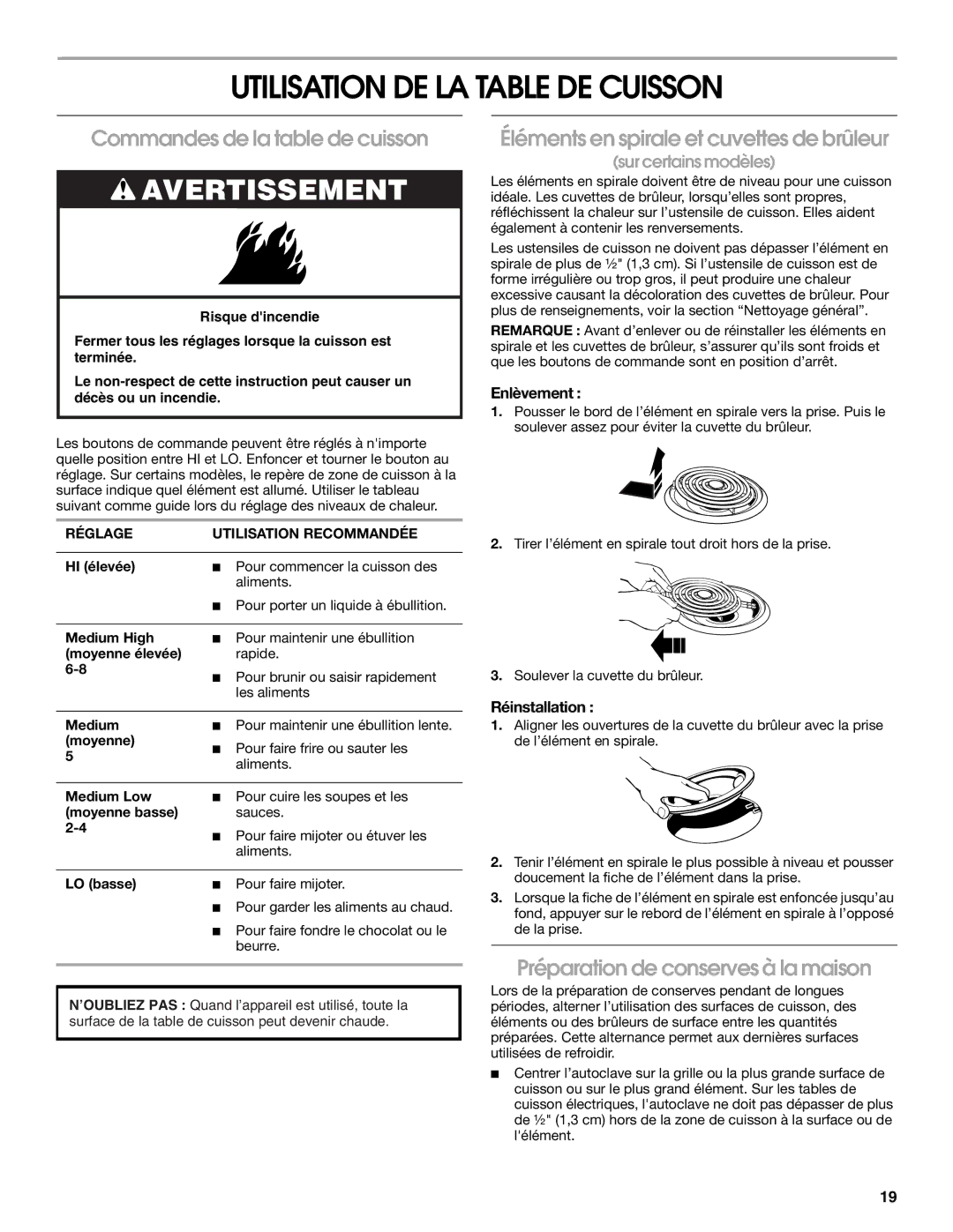 Whirlpool RME30002 manual Utilisation DE LA Table DE Cuisson, Commandes de la table de cuisson 