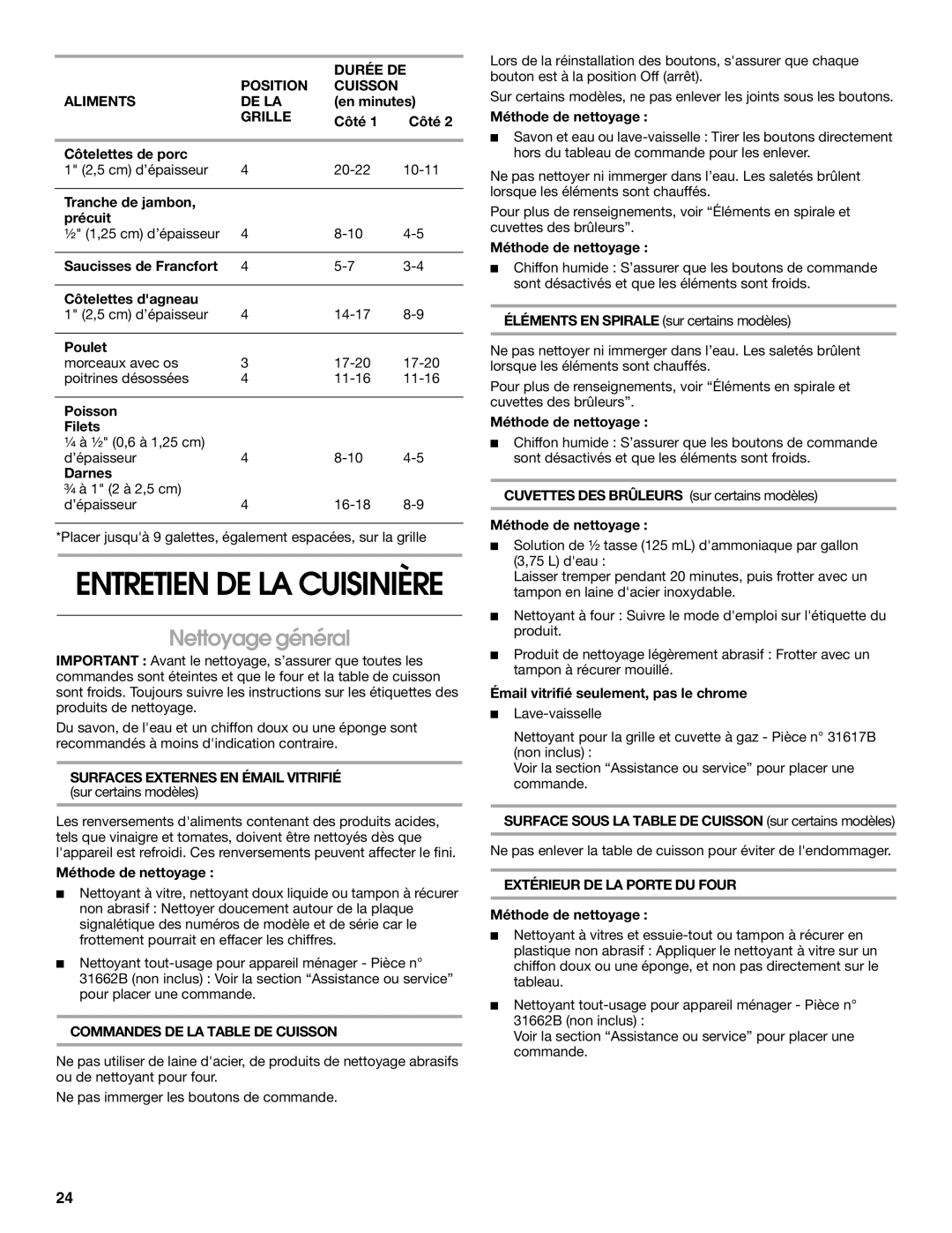 Whirlpool RME30002 manual Nettoyage général, Commandes DE LA Table DE Cuisson, Extérieur DE LA Porte DU Four 