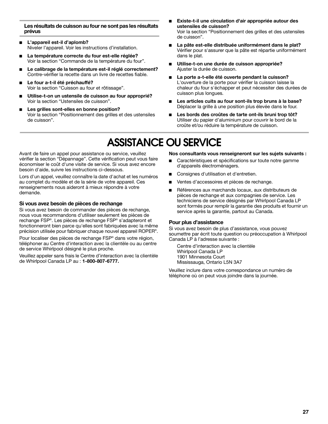 Whirlpool RME30002 manual Assistance OU Service, Si vous avez besoin de pièces de rechange, Pour plus d’assistance 