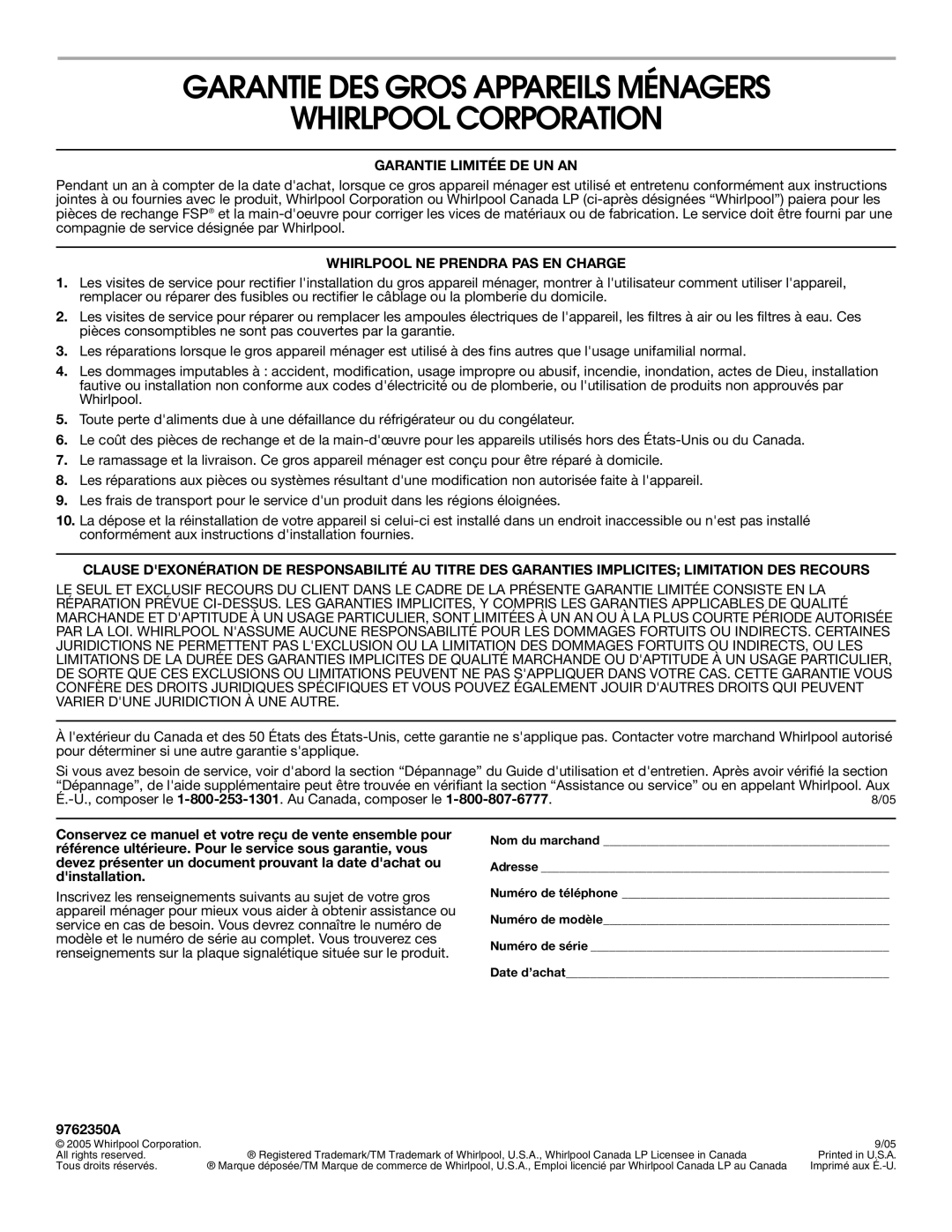 Whirlpool RME30002 manual Garantie DES Gros Appareils Ménagers Whirlpool Corporation, Garantie Limitée DE UN AN, 9762350A 