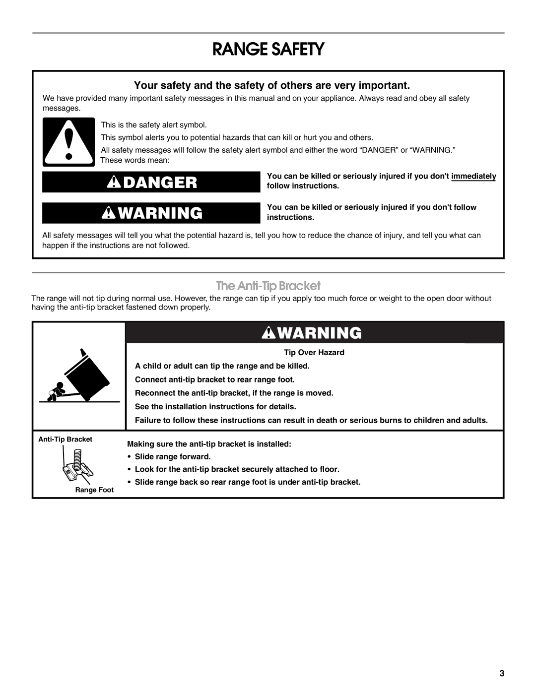 Whirlpool RME30002 manual Range Safety, Anti-Tip Bracket 