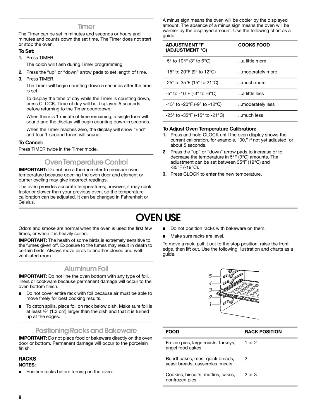 Whirlpool RME30002 manual Oven USE, Timer, Oven Temperature Control, Aluminum Foil, Positioning Racks and Bakeware 