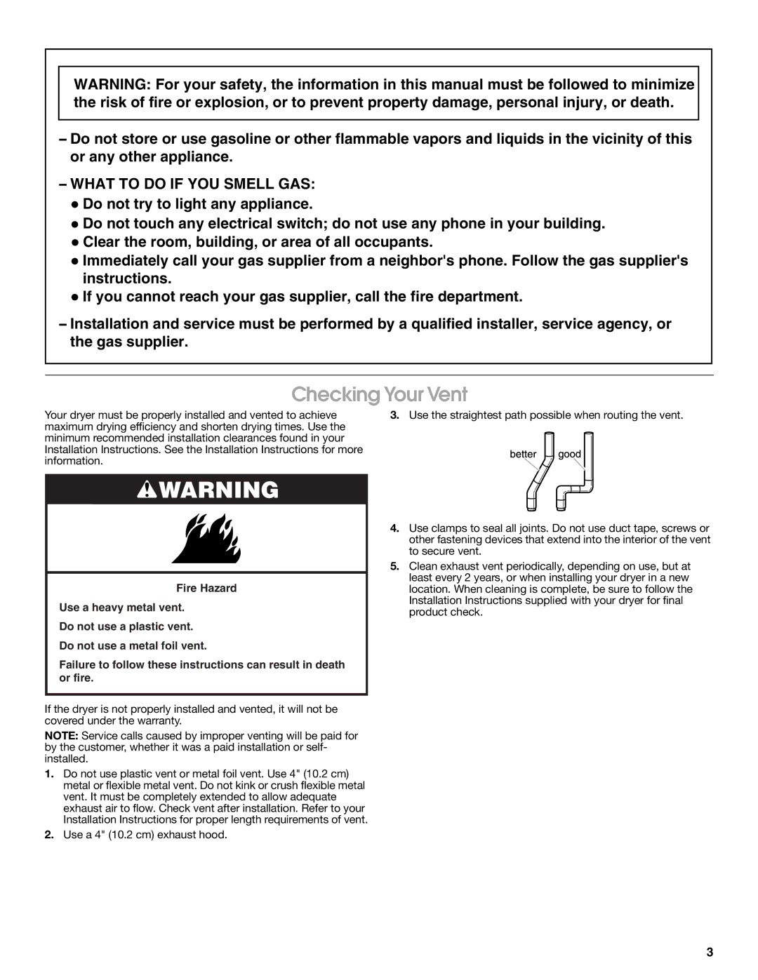 Whirlpool ROPER BY DRYER warranty Checking Your Vent, What to do if YOU Smell GAS 