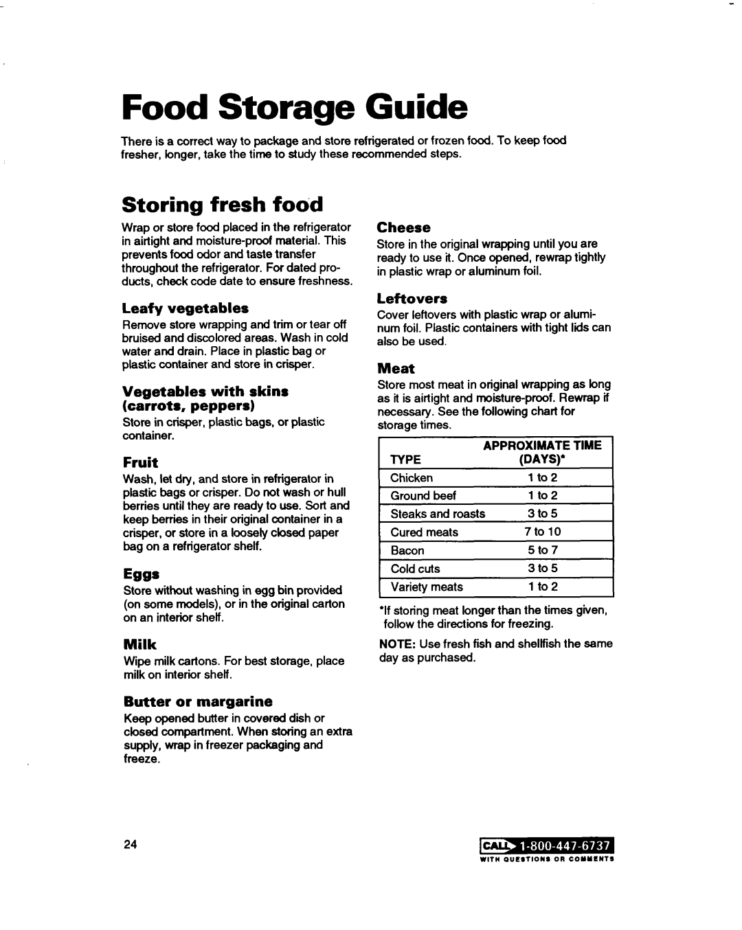 Whirlpool RS20AKXDN00 warranty Food Storage Guide, Storing fresh fodd 