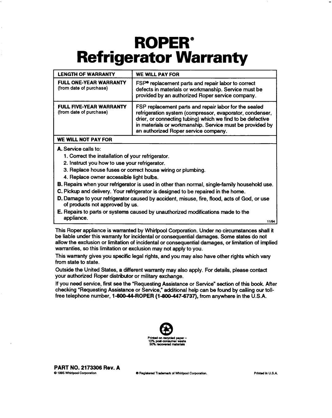 Whirlpool RS20AKXDN00 warranty Refrigerator Warranty, Part no Rev. a Lsw wnllpodCofporallon 