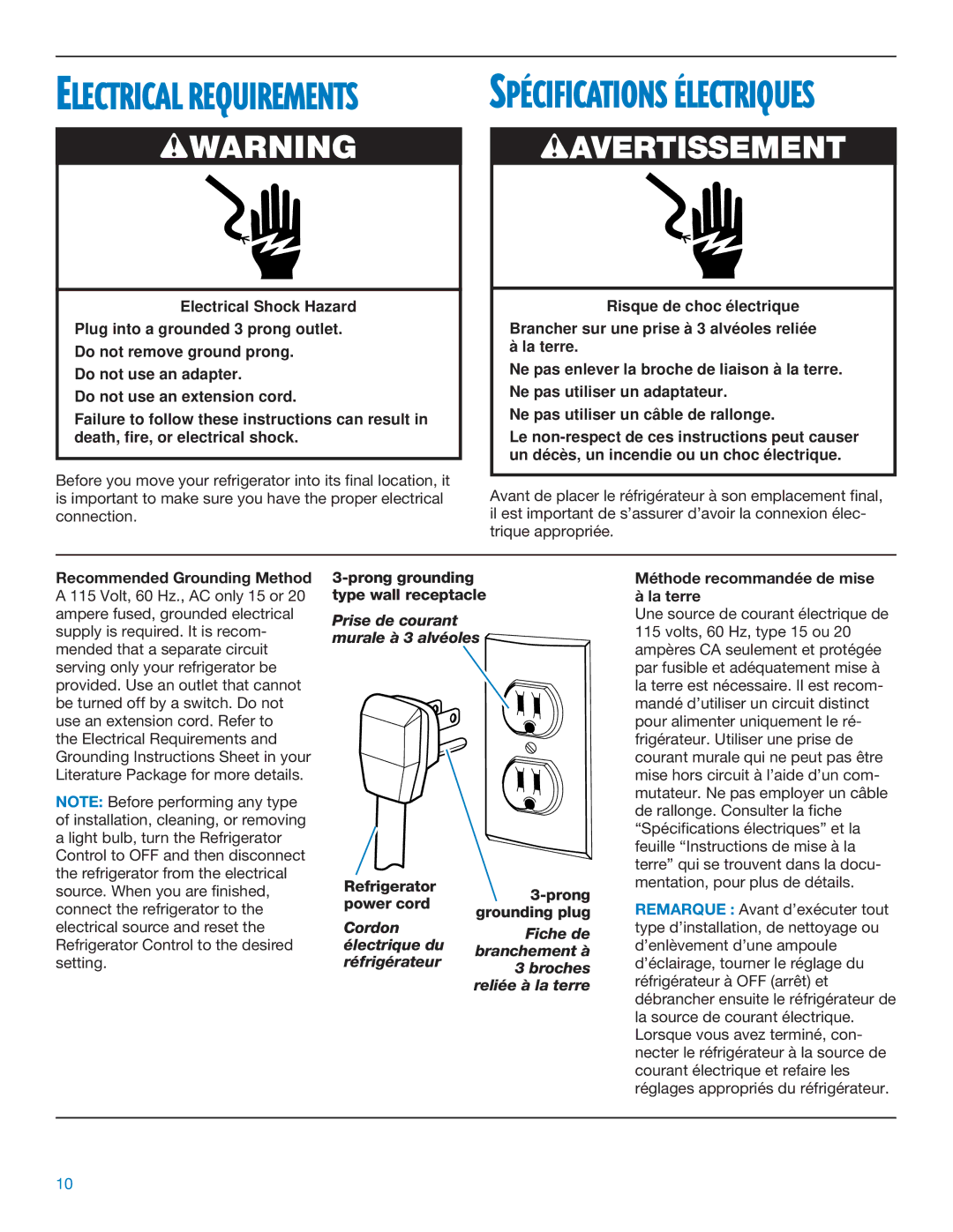 Whirlpool RS20AQXFN00 manual Refrigerator Control to the desired, Setting, Méthode recommandée de mise à la terre 