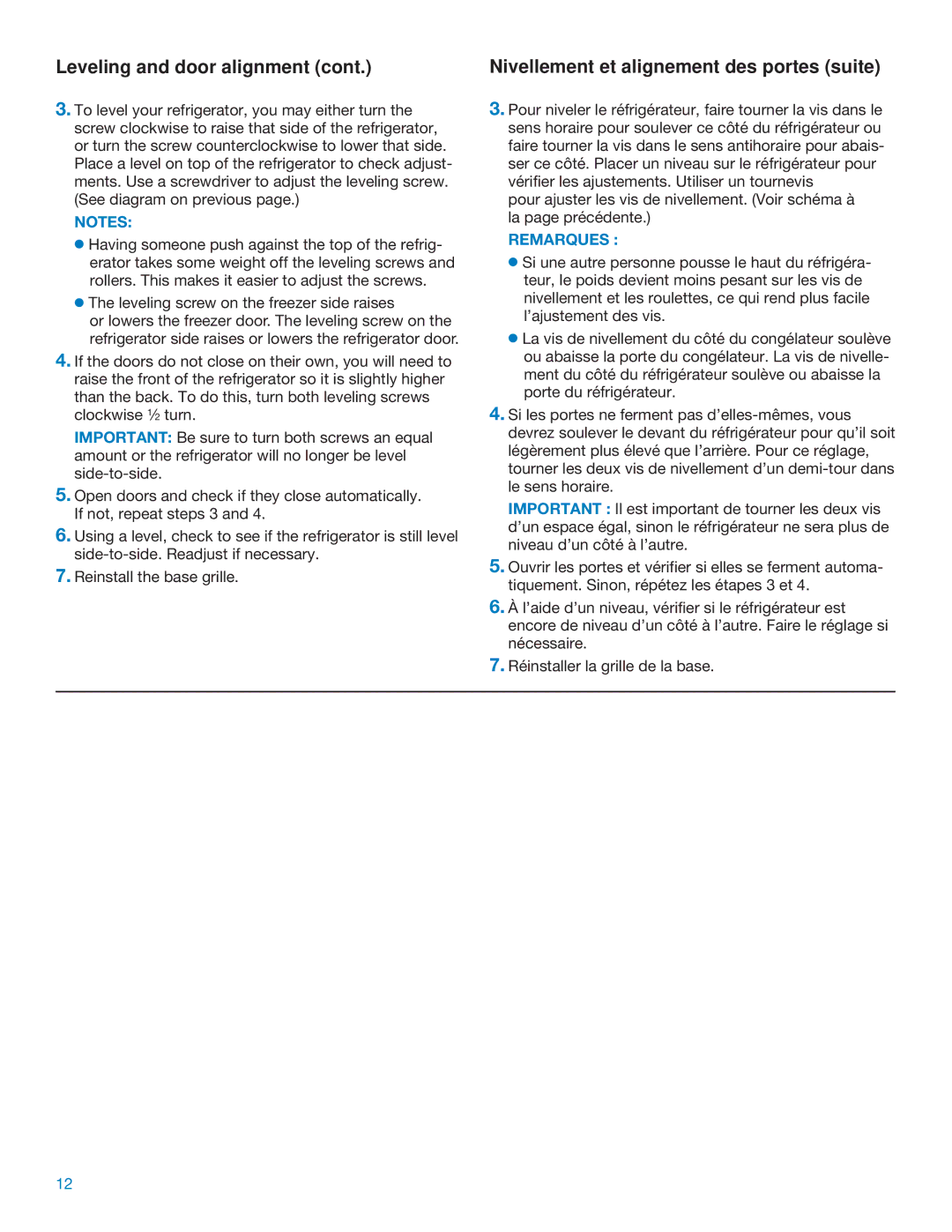 Whirlpool RS20AQXFN00 manual Leveling and door alignment, Nivellement et alignement des portes suite 