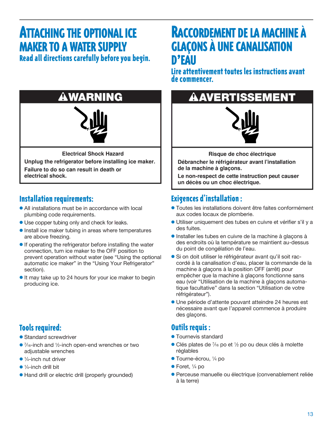 Whirlpool RS20AQXFN00 manual Dõeau, Installation requirements, Exigences dÕinstallation, Tools required, Outils requisÊ 