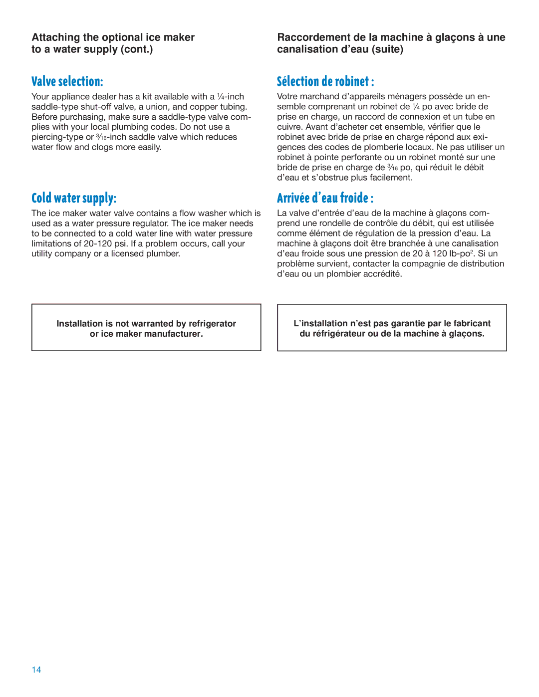 Whirlpool RS20AQXFN00 manual Valve selection, SŽlection de robinet, Cold water supply, ArrivŽe dÕeau froide 