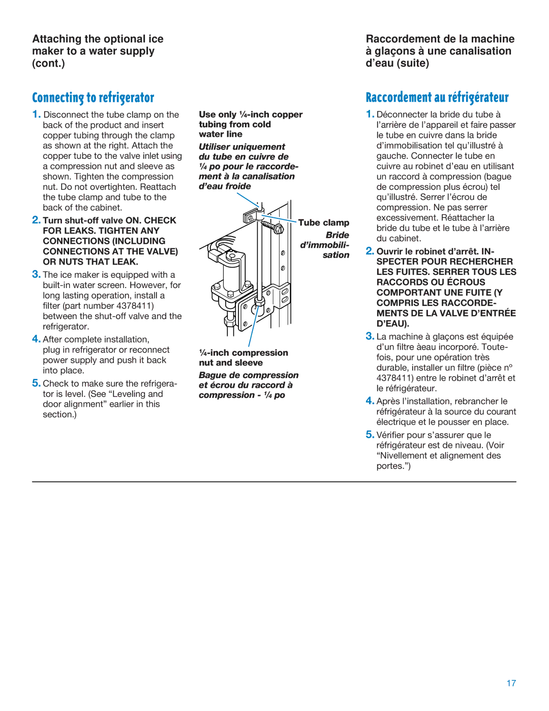 Whirlpool RS20AQXFN00 Use only 1⁄4-inch copper tubing from cold water line, Tube clamp, ⁄4-inch compression nut and sleeve 