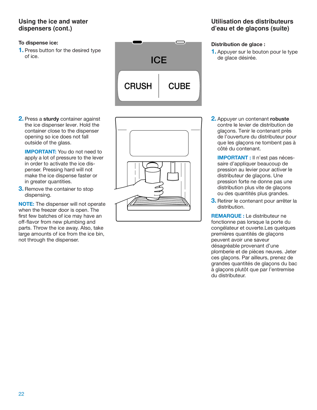 Whirlpool RS20AQXFN00 manual Using the ice and water dispensers, Utilisation des distributeurs d’eau et de glaçons suite 