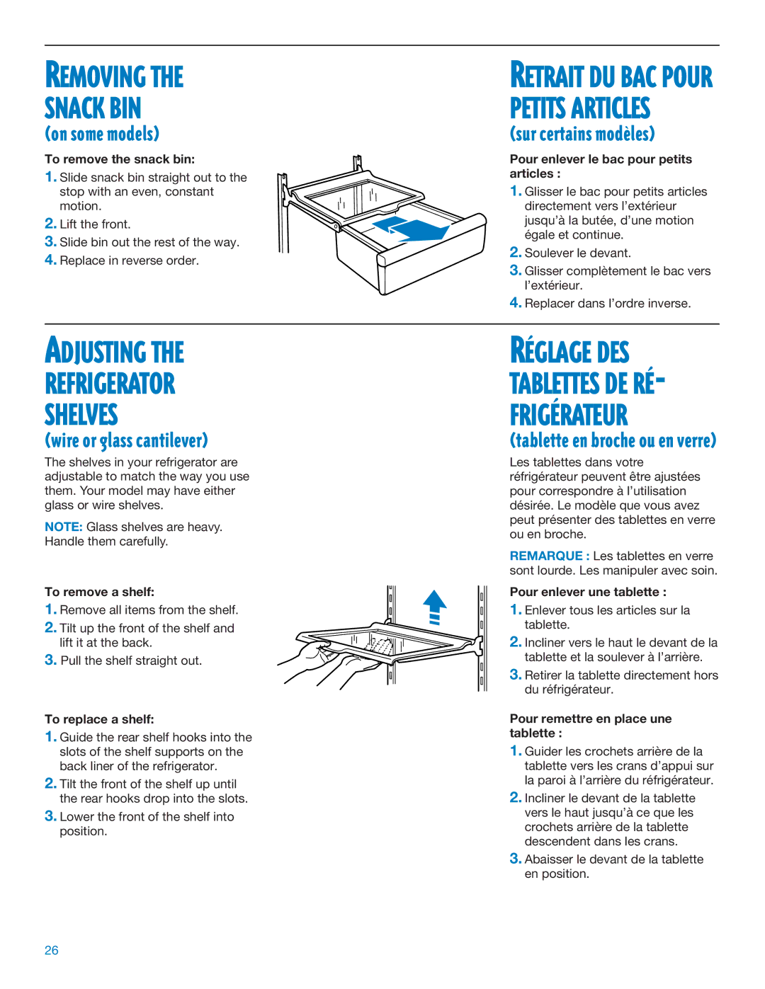 Whirlpool RS20AQXFN00 manual Removing Snack BIN, Adjusting Refrigerator Shelves, Wire or glass cantilever 