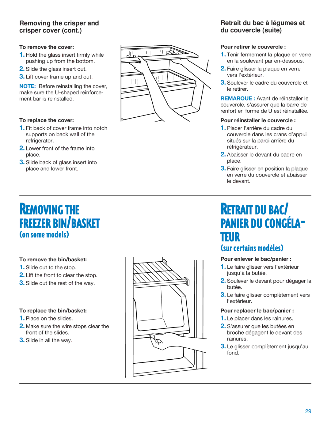 Whirlpool RS20AQXFN00 manual Retrait du bac à légumes et du couvercle suite 