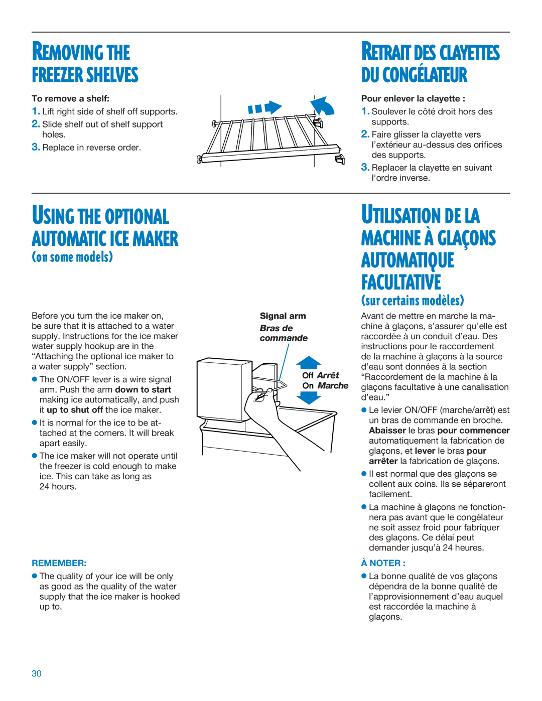 Whirlpool RS20AQXFN00 manual Removing Freezer Shelves, Pour enlever la clayette, Signal arm 